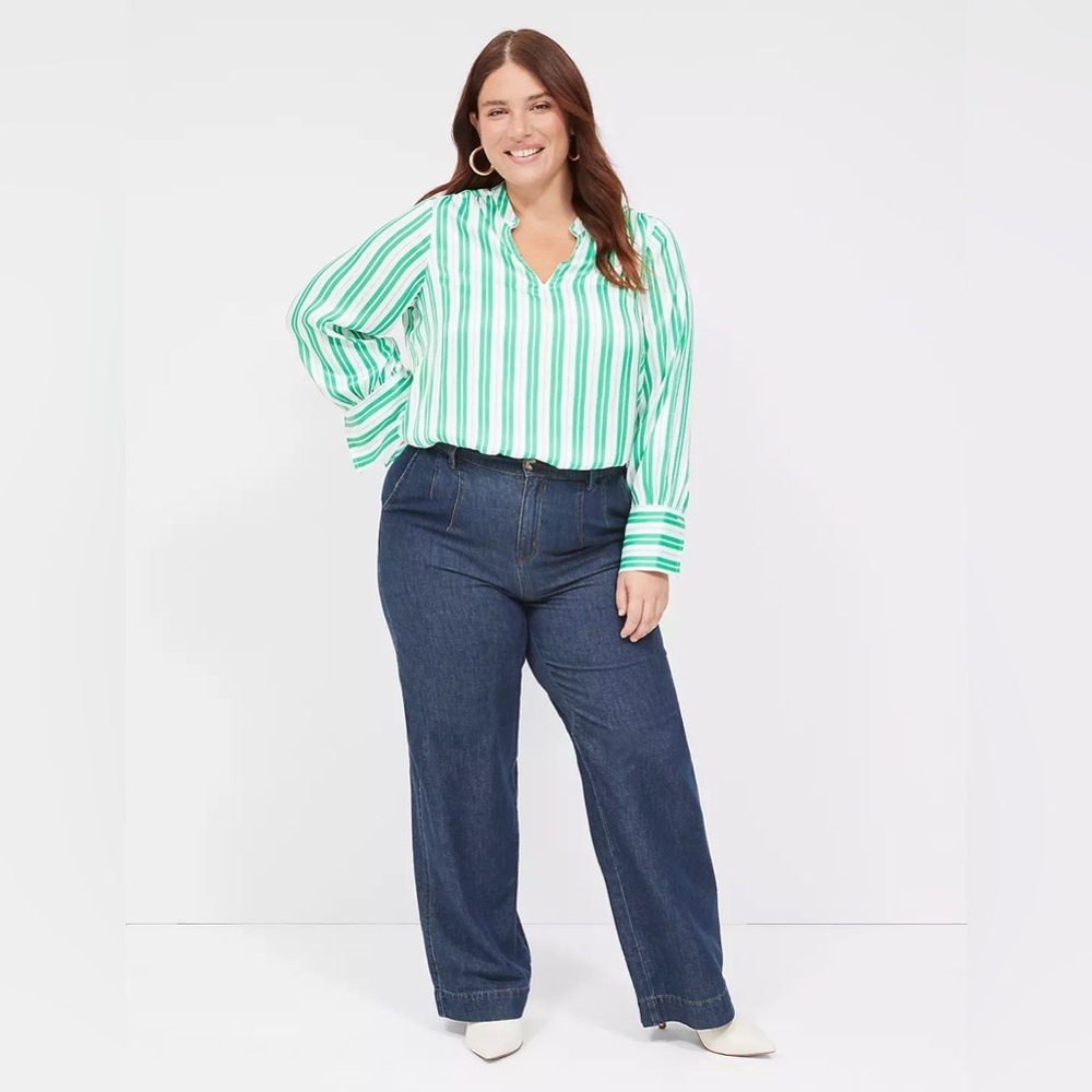 Lane Bryant Relaxed Satin Collar Blouse Green Stripe 26/28 NWT